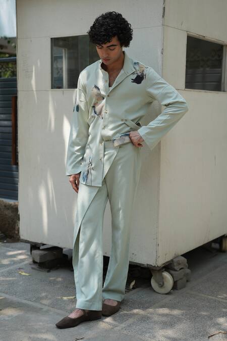 Jatin Malik_Green Linen Landscape Print Kelly Overshirt With Pant_at_Aza_Fashions