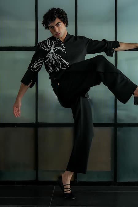 Buy_Jatin Malik_Black Maheshwari The Garland Shirt With Trouser _Online_at_Aza_Fashions
