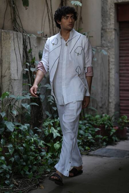 Shop Jatin Malik Ivory Cotton, Linen Tassels Allay Patch Work Waistcoat And Trouser Set Online at Aza Fashions Shop_Jatin Malik_Ivory Cotton, Linen Tassels Allay Patch Work Waistcoat And Trouser Set _Online_at_Aza_Fashions