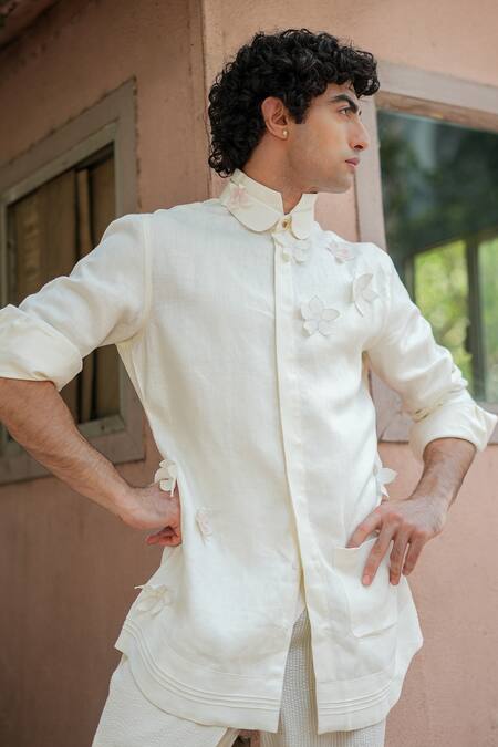 Jatin Malik Ivory Cotton, Twill Embroidery Summer Time Floral Applique Shirt With Trouser Online at Aza Fashions Jatin Malik_Ivory Cotton, Twill Embroidery Summer Time Floral Applique Shirt With Trouser _Online_at_Aza_Fashions