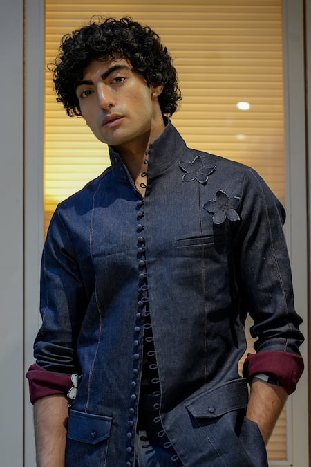 Jatin Malik Blue Denim Embroidery Shacket With Trouser Online at Aza Fashions Jatin Malik_Blue Denim Embroidery Shacket With Trouser _Online_at_Aza_Fashions