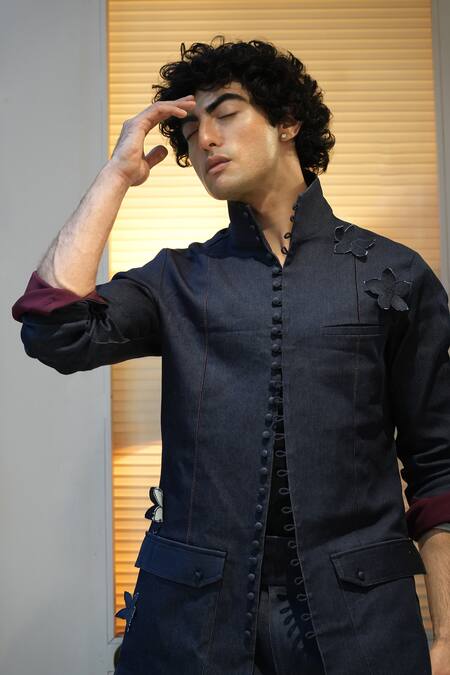 Buy Jatin Malik Blue Denim Embroidery Shacket With Trouser Online at Aza Fashions Buy_Jatin Malik_Blue Denim Embroidery Shacket With Trouser _Online_at_Aza_Fashions