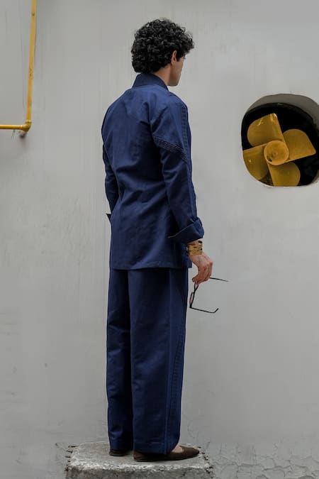 Shop Jatin Malik Blue Cotton, Linen Pintuck Detail Overshirt With Trouser at Aza Fashions Shop_Jatin Malik_Blue Cotton, Linen Pintuck Detail Overshirt With Trouser _at_Aza_Fashions
