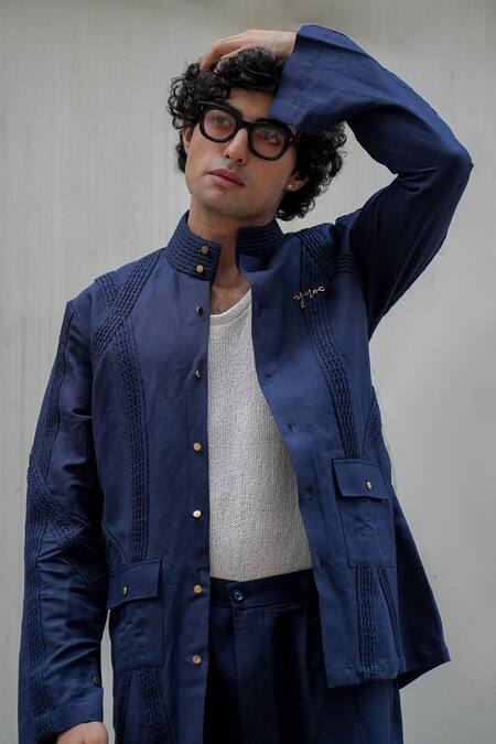 Shop Jatin Malik Blue Cotton, Linen Pintuck Detail Overshirt With Trouser Online at Aza Fashions Shop_Jatin Malik_Blue Cotton, Linen Pintuck Detail Overshirt With Trouser _Online_at_Aza_Fashions