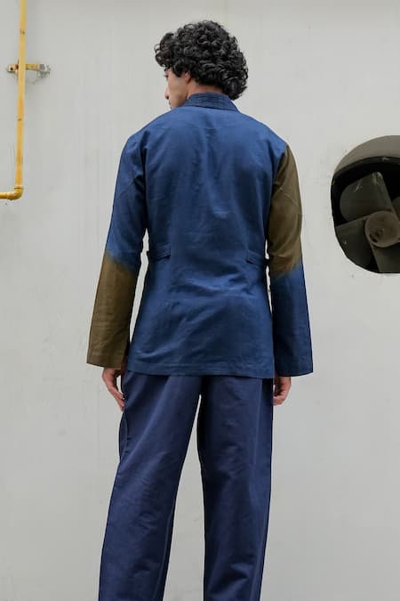 Shop Jatin Malik Blue Silk Two Tone Draped Shacket With Trouser at Aza Fashions Shop_Jatin Malik_Blue Silk Two Tone Draped Shacket With Trouser _at_Aza_Fashions