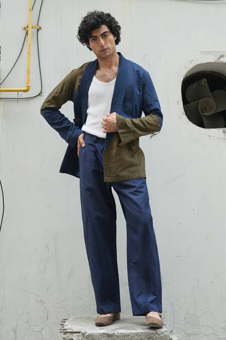 Jatin Malik Blue Silk Two Tone Draped Shacket With Trouser Online at Aza Fashions Jatin Malik_Blue Silk Two Tone Draped Shacket With Trouser _Online_at_Aza_Fashions