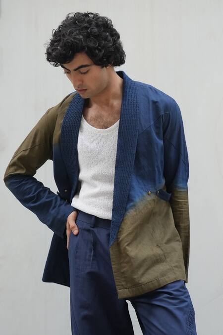 Shop Jatin Malik Blue Silk Two Tone Draped Shacket With Trouser Online at Aza Fashions Shop_Jatin Malik_Blue Silk Two Tone Draped Shacket With Trouser _Online_at_Aza_Fashions