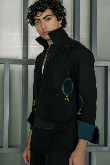 Jatin Malik Black Allay Abstract Patchwork Shacket With Trouser Online at Aza Fashions Jatin Malik_Black Allay Abstract Patchwork Shacket With Trouser _Online_at_Aza_Fashions