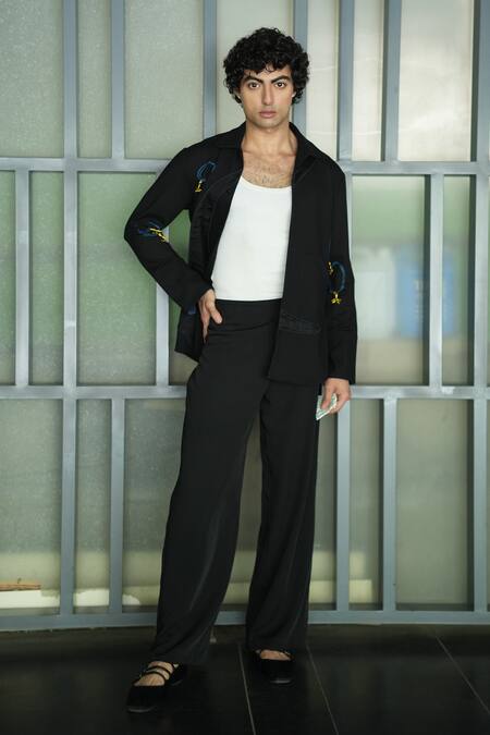 Shop Jatin Malik Black Allay Abstract Patchwork Shacket With Trouser Online at Aza Fashions Shop_Jatin Malik_Black Allay Abstract Patchwork Shacket With Trouser _Online_at_Aza_Fashions
