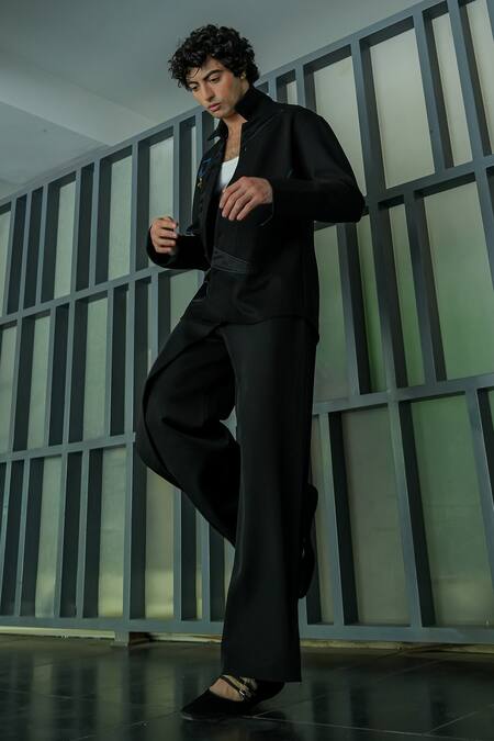 Jatin Malik Black Allay Abstract Patchwork Shacket With Trouser at Aza Fashions Jatin Malik_Black Allay Abstract Patchwork Shacket With Trouser _at_Aza_Fashions