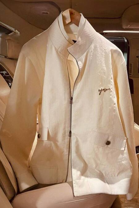 Jatin Malik Ivory Cotton Plumb Bomber Jacket And Trouser Set Online at Aza Fashions Jatin Malik_Ivory Cotton Plumb Bomber Jacket And Trouser Set _Online_at_Aza_Fashions