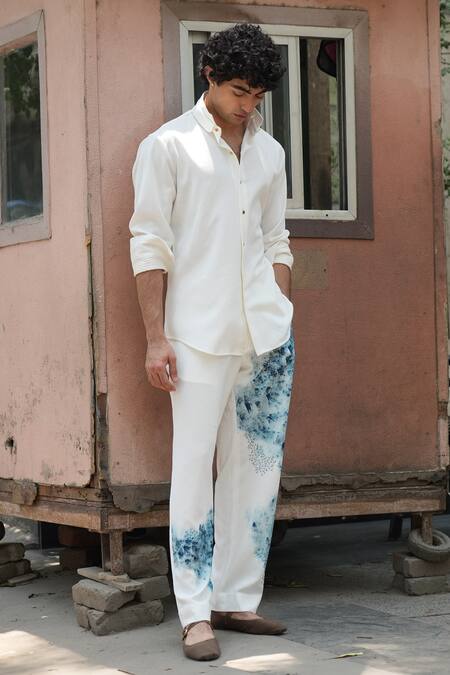 Jatin Malik_Ivory Linen Abstract Hand Painted Knit Trouser _Online_at_Aza_Fashions