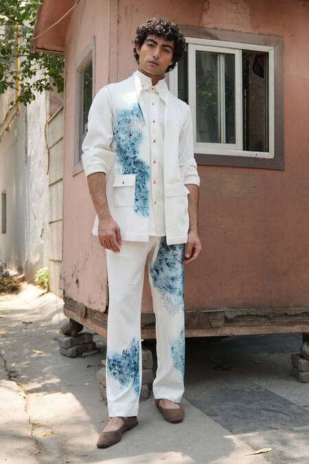 Buy_Jatin Malik_Ivory Linen Abstract Hand Painted Knit Trouser _Online_at_Aza_Fashions
