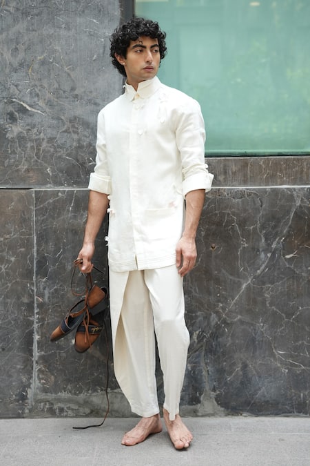 Shop_Jatin Malik_Ivory Cotton Plumb Trouser _at_Aza_Fashions