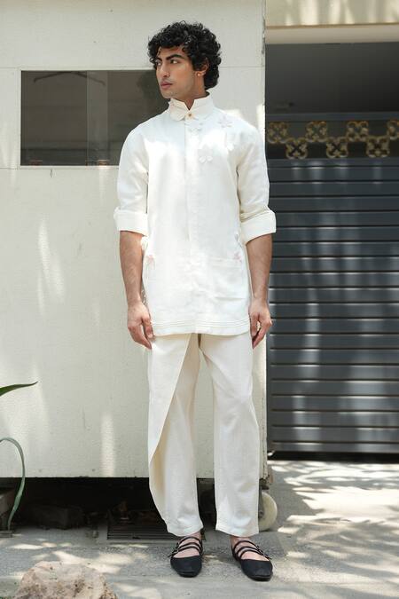 Jatin Malik_Ivory Cotton Plumb Trouser _Online_at_Aza_Fashions