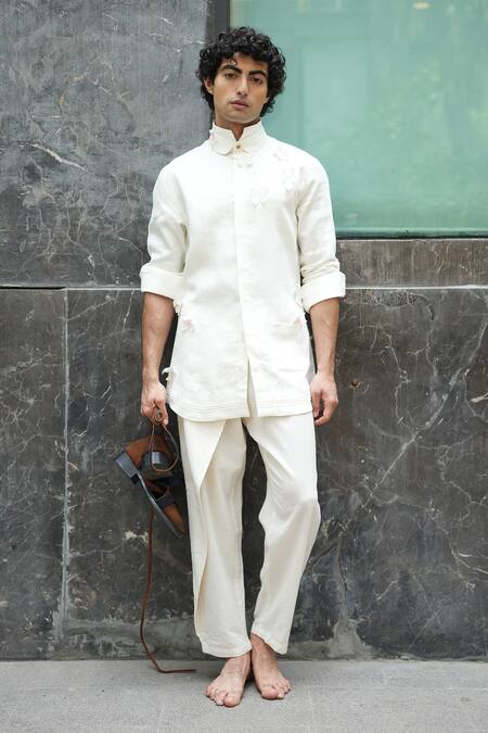 Buy_Jatin Malik_Ivory Cotton Plumb Trouser _Online_at_Aza_Fashions