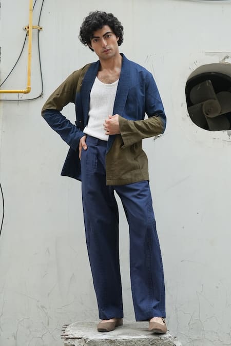 Shop Jatin Malik Blue Cotton, Linen Embroidery Midnight Plain Trouser at Aza Fashions Shop_Jatin Malik_Blue Cotton, Linen Embroidery Midnight Plain Trouser _at_Aza_Fashions