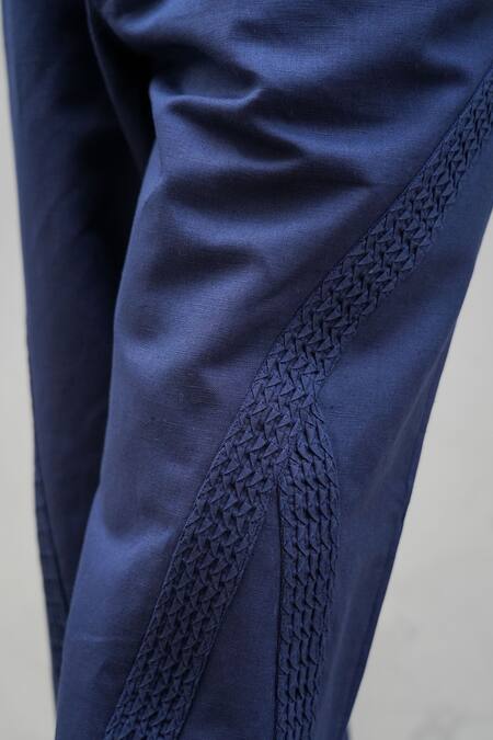 Buy Jatin Malik Blue Cotton, Linen Embroidery Midnight Plain Trouser Online at Aza Fashions Buy_Jatin Malik_Blue Cotton, Linen Embroidery Midnight Plain Trouser _Online_at_Aza_Fashions