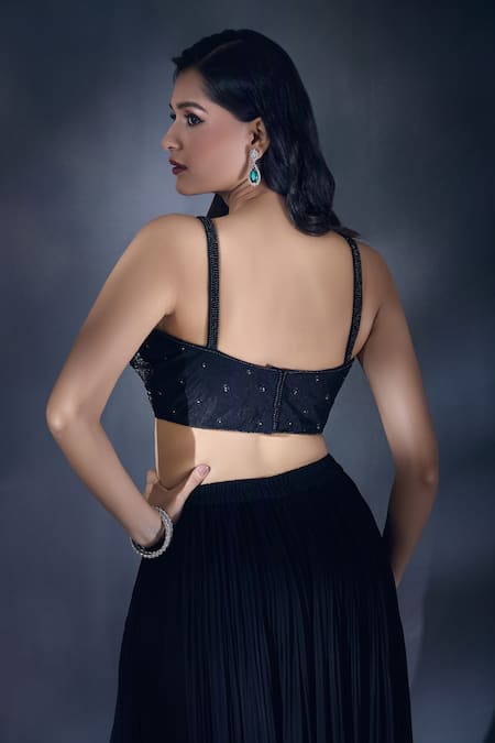 Shop Aariyana Couture Black Net, Viscose Beads, Cut Work Embroidered Jacket Pleated Lehenga Set Online at Aza Fashions Shop_Aariyana Couture_Black Net, Viscose Beads, Cut Work Embroidered Jacket Pleated Lehenga Set _Online_at_Aza_Fashions