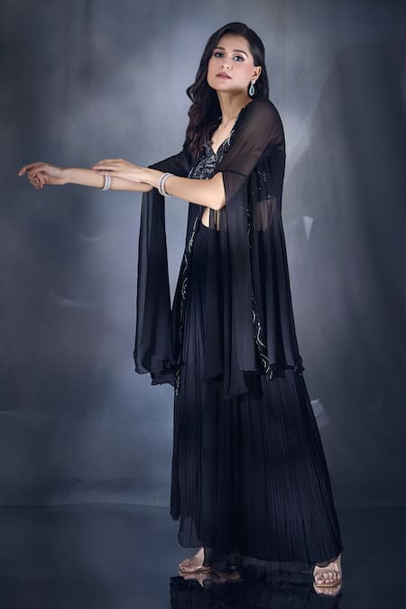Shop Aariyana Couture Black Net, Viscose Beads, Cut Work Embroidered Jacket Pleated Lehenga Set Shop_Aariyana Couture_Black Net, Viscose Beads, Cut Work Embroidered Jacket Pleated Lehenga Set