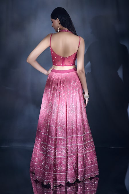 Shop_Aariyana Couture_Pink Net, Viscose, Georgette Sequins, Embroidery Sweetheart Neck Lehenga Set _at_Aza_Fashions