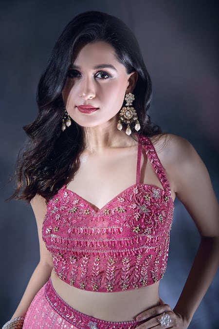 Aariyana Couture_Pink Net, Viscose, Georgette Sequins, Embroidery Sweetheart Neck Lehenga Set _Online_at_Aza_Fashions