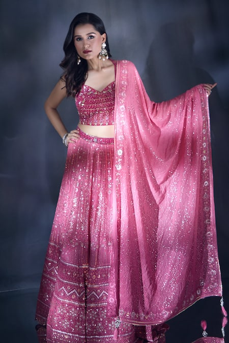 Buy_Aariyana Couture_Pink Net, Viscose, Georgette Sequins, Embroidery Sweetheart Neck Lehenga Set _Online_at_Aza_Fashions