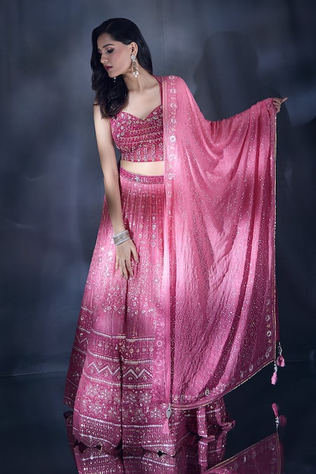 Shop_Aariyana Couture_Pink Net, Viscose, Georgette Sequins, Embroidery Sweetheart Neck Lehenga Set _Online_at_Aza_Fashions