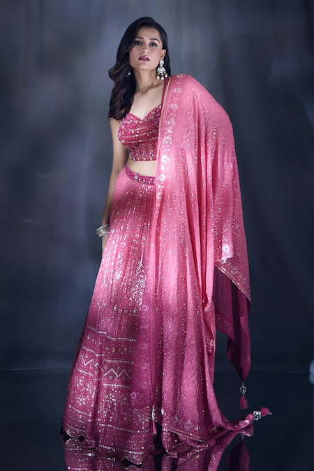 Aariyana Couture_Pink Net, Viscose, Georgette Sequins, Embroidery Sweetheart Neck Lehenga Set _at_Aza_Fashions