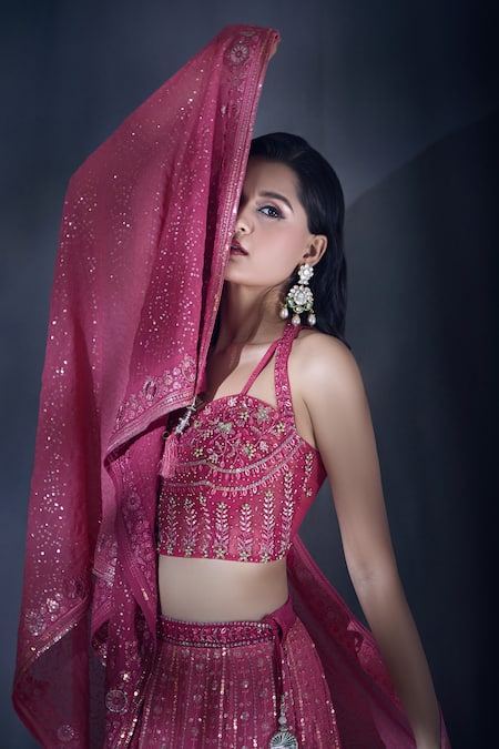 Buy_Aariyana Couture_Pink Net, Viscose, Georgette Sequins, Embroidery Sweetheart Neck Lehenga Set 