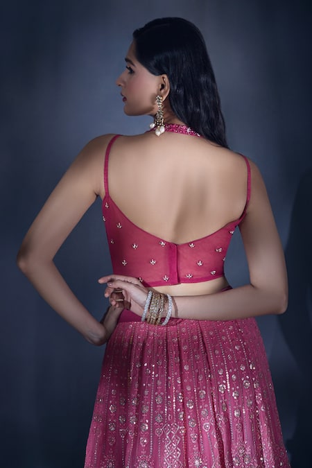 Shop_Aariyana Couture_Pink Net, Viscose, Georgette Sequins, Embroidery Sweetheart Neck Lehenga Set 