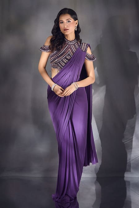 Alaya Advani Wine Saree Lycra Embroidered Mirror High Round Pre-draped With Blouse 