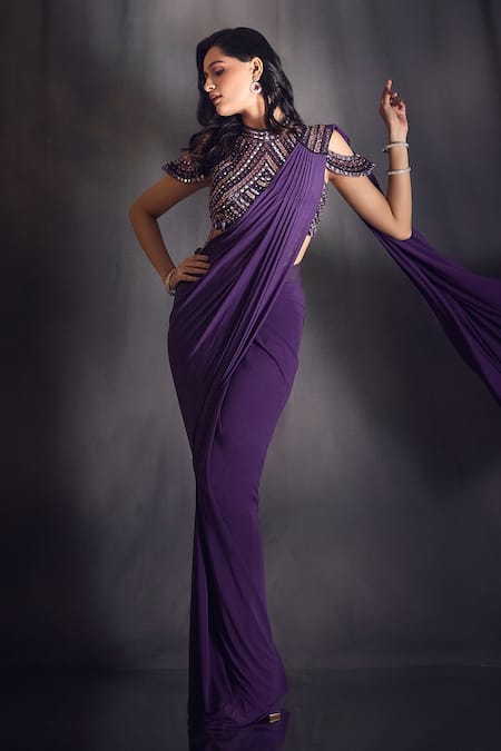 Aariyana Couture Wine Lycra, Net Sequins, Beads, Cut Pre-draped Saree With Embroidered Blouse Online at Aza Fashions Aariyana Couture_Wine Lycra, Net Sequins, Beads, Cut Pre-draped Saree With Embroidered Blouse _Online_at_Aza_Fashions
