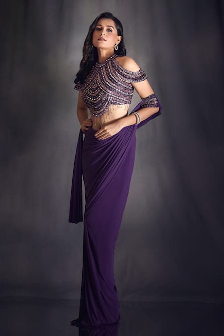 Buy Aariyana Couture Wine Lycra, Net Sequins, Beads, Cut Pre-draped Saree With Embroidered Blouse Online at Aza Fashions Buy_Aariyana Couture_Wine Lycra, Net Sequins, Beads, Cut Pre-draped Saree With Embroidered Blouse _Online_at_Aza_Fashions