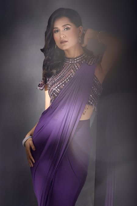 Buy Aariyana Couture Wine Lycra, Net Sequins, Beads, Cut Pre-draped Saree With Embroidered Blouse Buy_Aariyana Couture_Wine Lycra, Net Sequins, Beads, Cut Pre-draped Saree With Embroidered Blouse