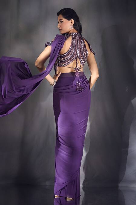 Shop Aariyana Couture Wine Lycra, Net Sequins, Beads, Cut Pre-draped Saree With Embroidered Blouse Shop_Aariyana Couture_Wine Lycra, Net Sequins, Beads, Cut Pre-draped Saree With Embroidered Blouse