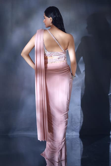 Shop Aariyana Couture Pink Lycra, Net Cut Work, Pre-draped Saree With Cutdana Embroidered Blouse at Aza Fashions Shop_Aariyana Couture_Pink Lycra, Net Cut Work, Pre-draped Saree With Cutdana Embroidered Blouse _at_Aza_Fashions