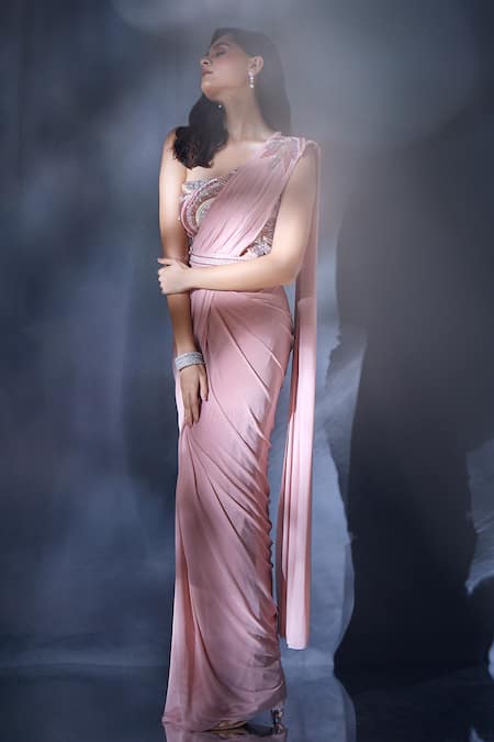 Aariyana Couture Pink Lycra, Net Cut Work, Pre-draped Saree With Cutdana Embroidered Blouse Online at Aza Fashions Aariyana Couture_Pink Lycra, Net Cut Work, Pre-draped Saree With Cutdana Embroidered Blouse _Online_at_Aza_Fashions