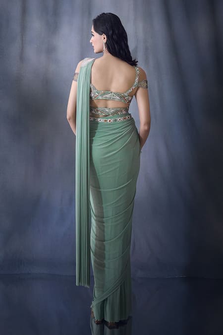 Aariyana Couture Pre-Draped Saree With Cold Shoulder Embroidered Blouse 