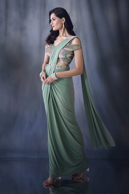 Buy Aariyana Couture Green Net, Lycra Cut Work Pre-draped Saree With Cold Shoulder Embroidered Blouse Online at Aza Fashions Buy_Aariyana Couture_Green Net, Lycra Cut Work Pre-draped Saree With Cold Shoulder Embroidered Blouse _Online_at_Aza_Fashions