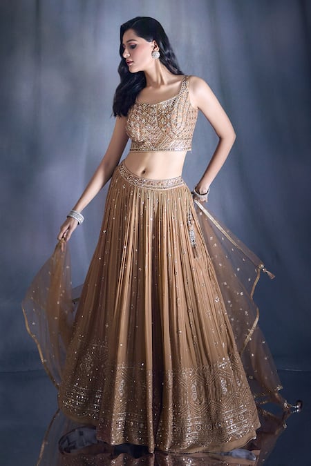 Shop Ariyana By Aza Brown Georgette, Silk, Net Sequins, Mirrors And Embroidered Lehenga Set Shop_Ariyana By Aza_Brown Georgette, Silk, Net Sequins, Mirrors And Embroidered Lehenga Set