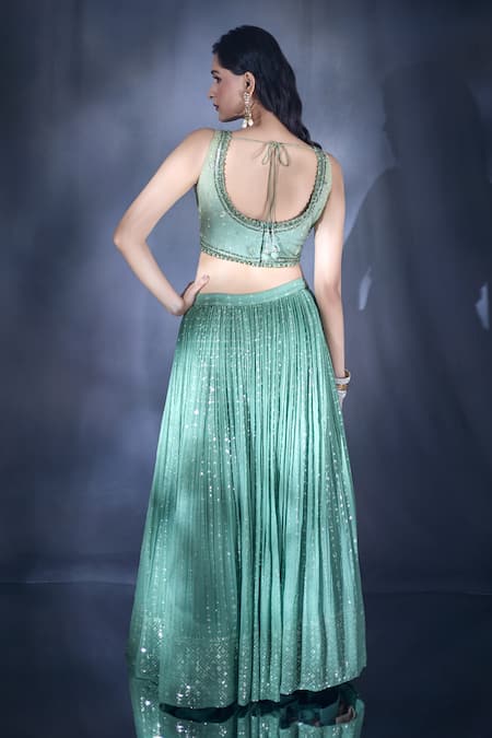 Shop_Ariyana By Aza_Green Silk, Net, Georgette Embroidery, Sequins, Beads And Thread Lehenga Set _at_Aza_Fashions