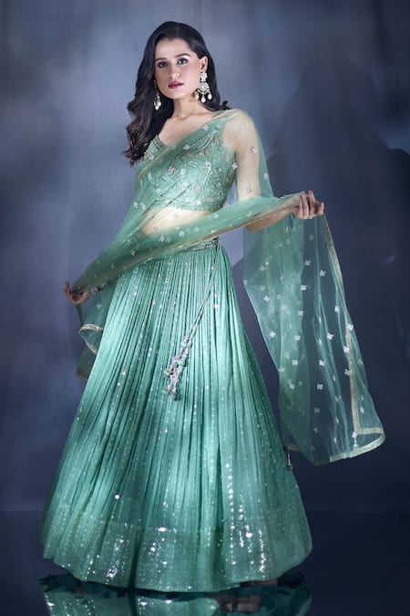 Buy_Ariyana By Aza_Green Silk, Net, Georgette Embroidery, Sequins, Beads And Thread Lehenga Set _Online_at_Aza_Fashions