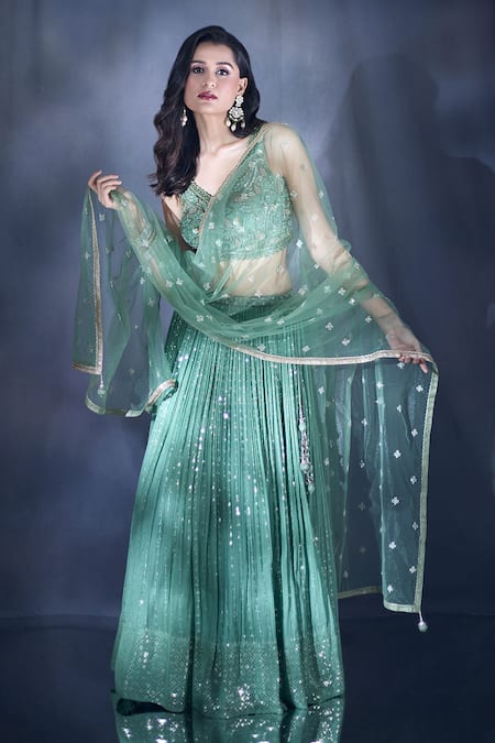 Shop_Ariyana By Aza_Green Silk, Net, Georgette Embroidery, Sequins, Beads And Thread Lehenga Set _Online_at_Aza_Fashions