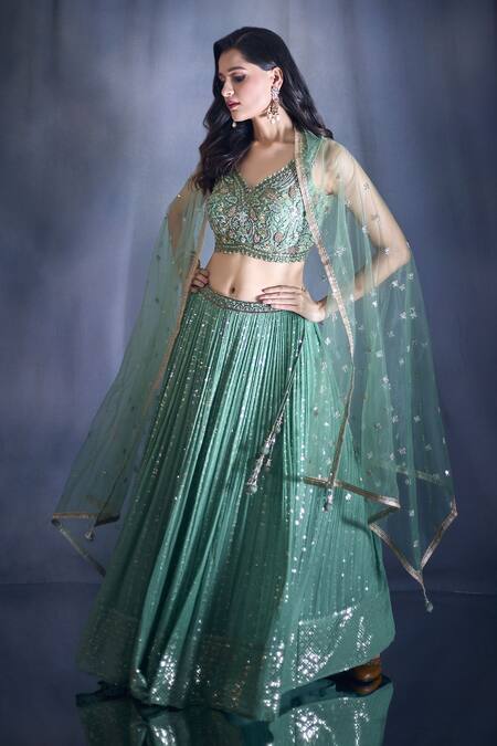 Ariyana By Aza_Green Silk, Net, Georgette Embroidery, Sequins, Beads And Thread Lehenga Set _at_Aza_Fashions