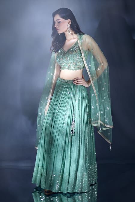 Buy_Ariyana By Aza_Green Silk, Net, Georgette Embroidery, Sequins, Beads And Thread Lehenga Set 