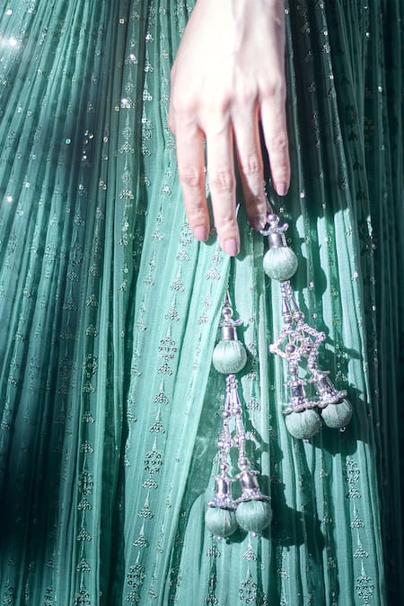 Shop_Ariyana By Aza_Green Silk, Net, Georgette Embroidery, Sequins, Beads And Thread Lehenga Set 