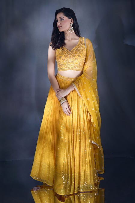 Shop Aariyana Couture Yellow Georgette, Viscose, Silk, Net Sequins, Embroidery And Thread Lehenga Set Online at Aza Fashions Shop_Aariyana Couture_Yellow Georgette, Viscose, Silk, Net Sequins, Embroidery And Thread Lehenga Set _Online_at_Aza_Fashions