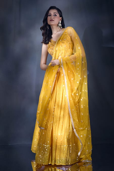 Shop Aariyana Couture Yellow Georgette, Viscose, Silk, Net Sequins, Embroidery And Thread Lehenga Set Shop_Aariyana Couture_Yellow Georgette, Viscose, Silk, Net Sequins, Embroidery And Thread Lehenga Set