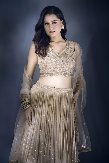 Aariyana Couture Beige Georgette, Silk, Net Sequins, Embroidery And Thread Work Lehenga Set at Aza Fashions Aariyana Couture_Beige Georgette, Silk, Net Sequins, Embroidery And Thread Work Lehenga Set _at_Aza_Fashions